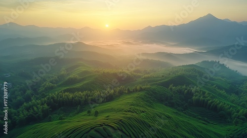 Majestic Aerial Landscape of Misty Mountain Ranges and Lush Green Valleys at Sunrise or Sunset