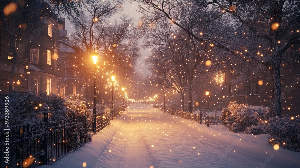Evening walk along a snowy street, with glowing streetlights and softly falling snow creating a serene winter scene. 4K hyperrealistic photo. Evening walk along a snowy street, with glowing streetlights and softly falling snow creating a serene winter scene. 4K hyperrealistic photo.