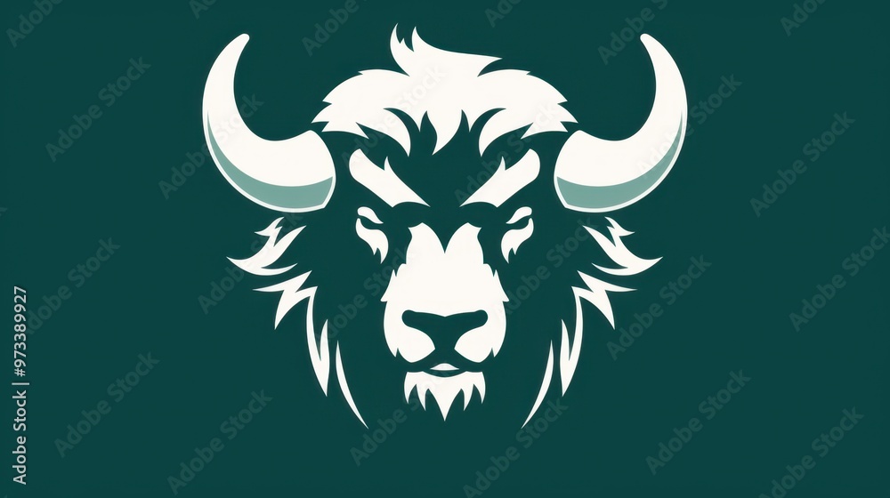 Stylized illustration of a bison head with large horns on a dark green background Stylized illustration of a bison head with large horns on a dark green background