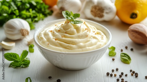 Traditional mayonnaise sauce in white ceramic bowl and ingredients for its preparation on white wooden background. Selective focus.