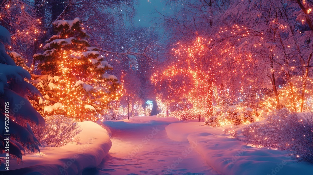 Heatmap of a winter landscape with Christmas lights, warm colors showing the brightest displays and cooler tones in the surrounding snow. 4K hyperrealistic photo. Heatmap of a winter landscape with Christmas lights, warm colors showing the brightest displays and cooler tones in the surrounding snow. 4K hyperrealistic photo.