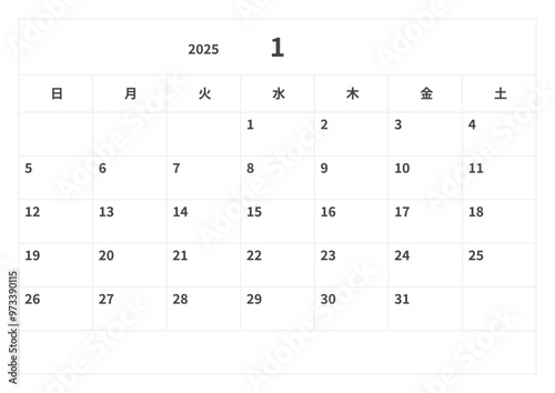 2025年(令和7年) カレンダー 1月, ベクター, テンプレート, 月曜始まり