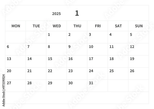 Simple calendar for January 2025, vector, template