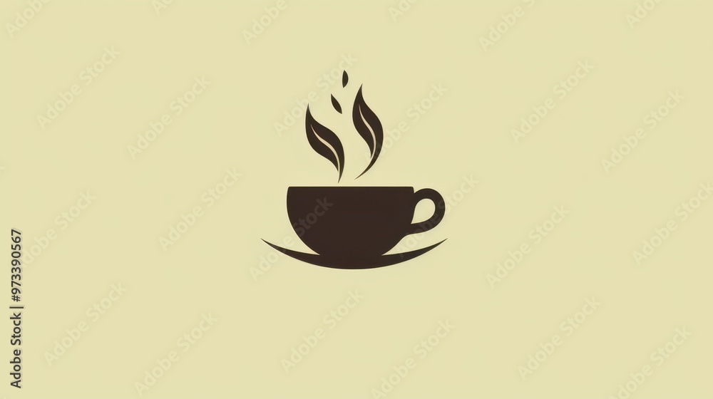 Obraz premium A minimalist design featuring a steaming coffee cup on a saucer. The cup is dark brown against a light yellow background, with steam rising in a stylized manner, conveying warmth and comfort
