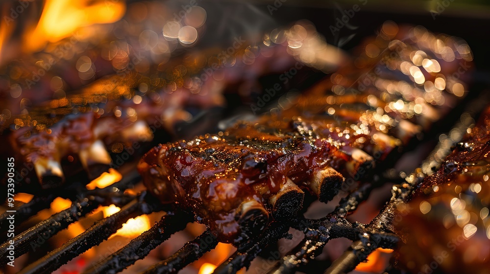 Close-up view of succulent ribs being cooked on a barbecue grill, with a glistening sauce glaze and flames visible underneath, creating a mouth-watering scene of home cooking. Close-up view of succulent ribs being cooked on a barbecue grill, with a glistening sauce glaze and flames visible underneath, creating a mouth-watering scene of home cooking.