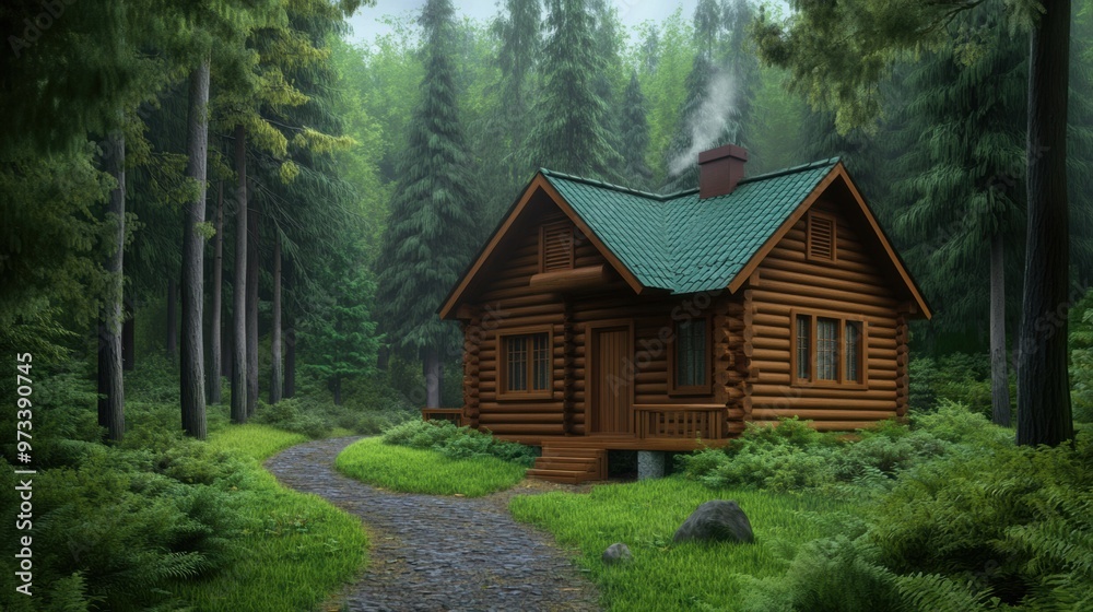 A small cabin in the middle of a forest with green roof, AI A small cabin in the middle of a forest with green roof, AI