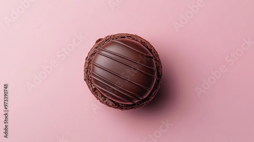 A single chocolate macaron with a smooth, glossy top and drizzled chocolate lines, set against a pink background