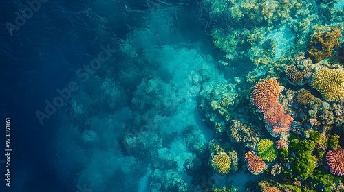 Expansive aerial shot of a vibrant coral reef in crystal-clear waters, with colorful corals and schools of fish visible beneath the surface. 4K hyperrealistic photo.