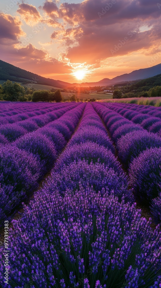 Fototapeta premium Mesmerizing Lavender Fields at Sunset in Serene Mountain Valley Landscape