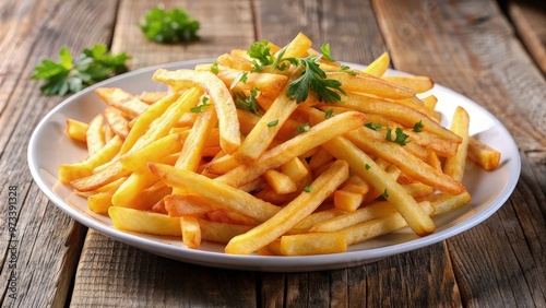 Top view round plate of french fries on the wooden white background with sause, herbs and vegetables. Selective focus