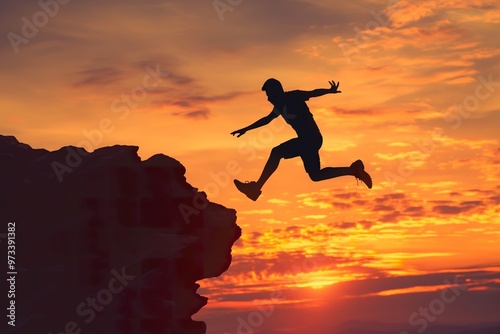 Wallpaper Mural Young man leaps over cliffs at sunset, showcasing adventure and thrill in a natural landscape Torontodigital.ca