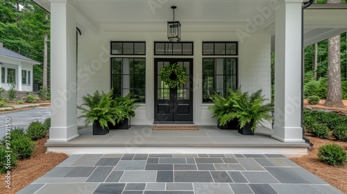 Wallpaper Mural The front porch showcases a modern farmhouse style with a sleek black door, lush ferns in elegant planters, and inviting outdoor lights against a bright white wall Torontodigital.ca