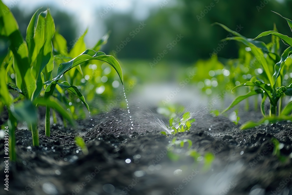 Irrigation system watering young corn plants in a lush cornfield during the growing season Irrigation system watering young corn plants in a lush cornfield during the growing season