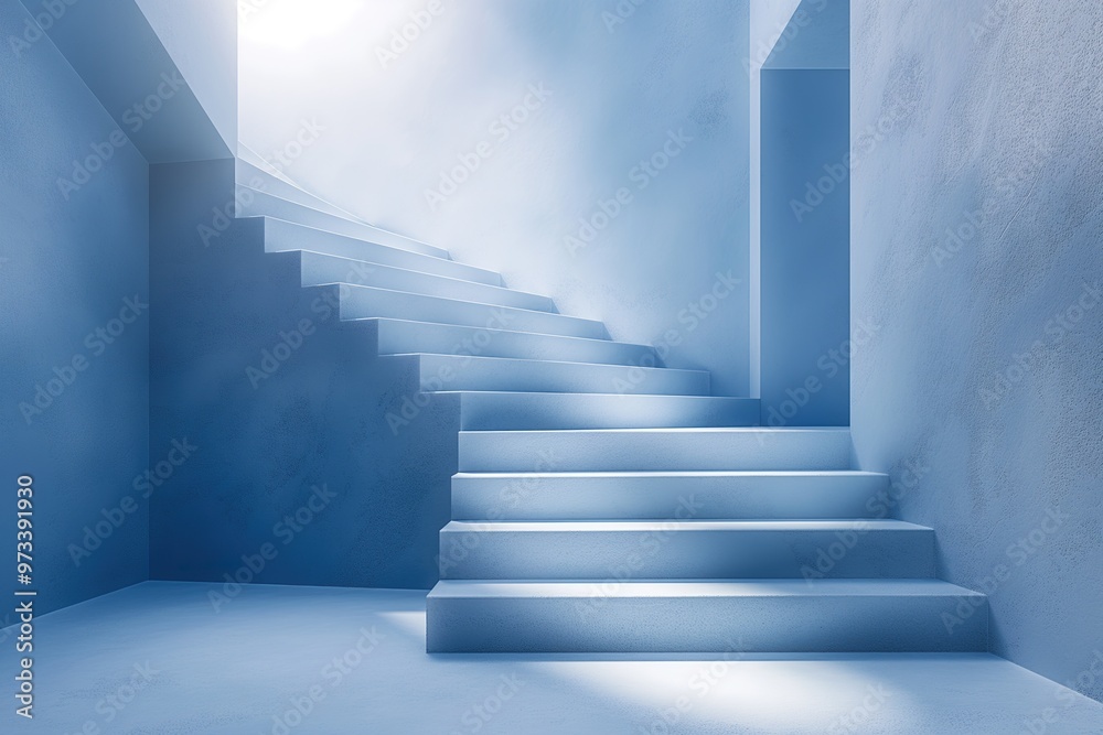 A serene blue staircase ascends into a misty sky, evoking a calm atmosphere in a minimalist architectural space A serene blue staircase ascends into a misty sky, evoking a calm atmosphere in a minimalist architectural space