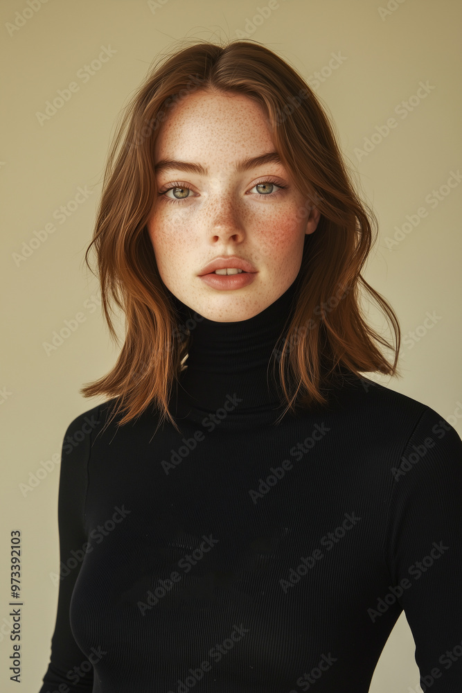Obraz premium A woman with a red face and brown hair is wearing a black top