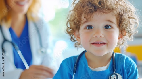 Pediatric Check-up in Modern Clinic - Doctor Examining Child with Stethoscope, Parent Observing, Clean Medical Setting.