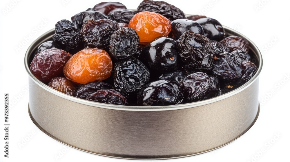Fruits, prunes, and dried plums in a can isolated on a white backdrop Fruits, prunes, and dried plums in a can isolated on a white backdrop