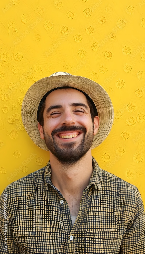 Happy man in a stylish straw hat on yellow wall background Happy man in a stylish straw hat on yellow wall background