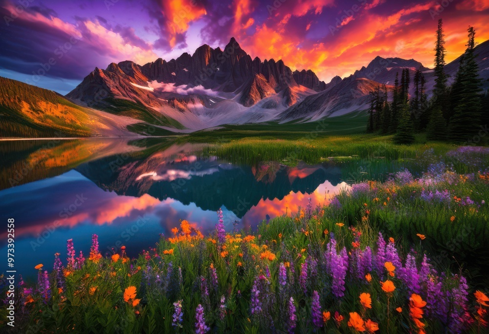 Fototapeta premium expansive landscape featuring lush greenery majestic mountains beneath colorful evening skies striking hues purple, scenery, sunset, horizon, clouds