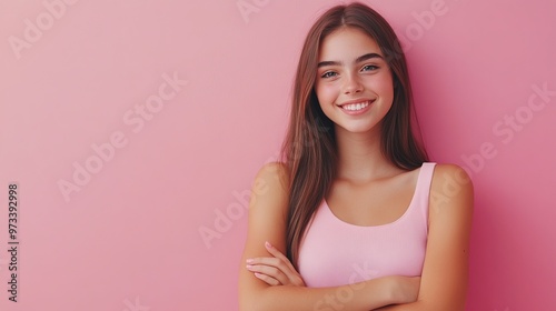 Photo of smiling girl lady crossing hands looking isolated pastel color background