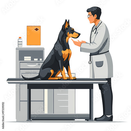 Veterinarian taking care of Doberman dog photo