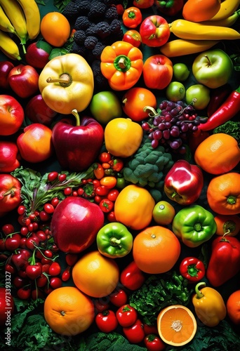 vibrant fresh produce displayed colorful surface assorted fruits vegetables lively arrangement, organic, healthy, harvest, market, natural, food, gourmet, ripe