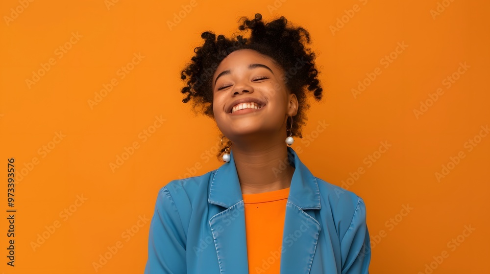 Joyful Young Woman in Blue Blazer on Orange Background Joyful Young Woman in Blue Blazer on Orange Background