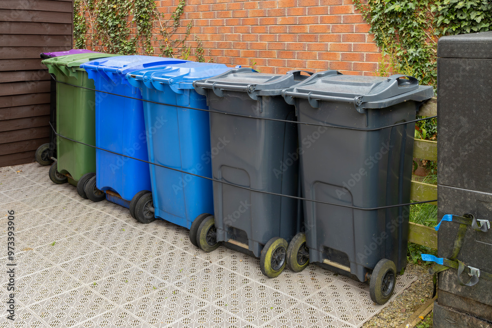 Plastic Waste Recycling Wheelie Bins lined up and secured in a UK garden storage area beside house brick wall, waiting for weekly council collection Plastic Waste Recycling Wheelie Bins lined up and secured in a UK garden storage area beside house brick wall, waiting for weekly council collection