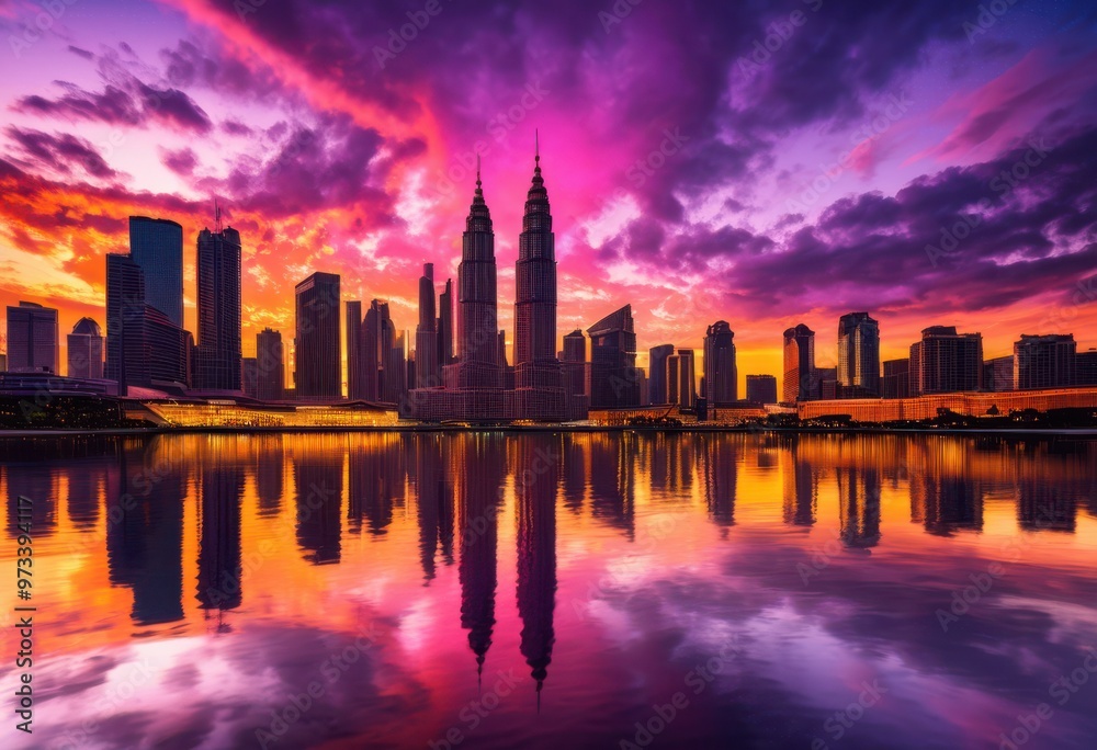 Obraz premium vibrant city skylines dawn showcasing bright clouds colorful horizons, architecture, buildings, cityscape, commercial, daylight, dynamic, exploration