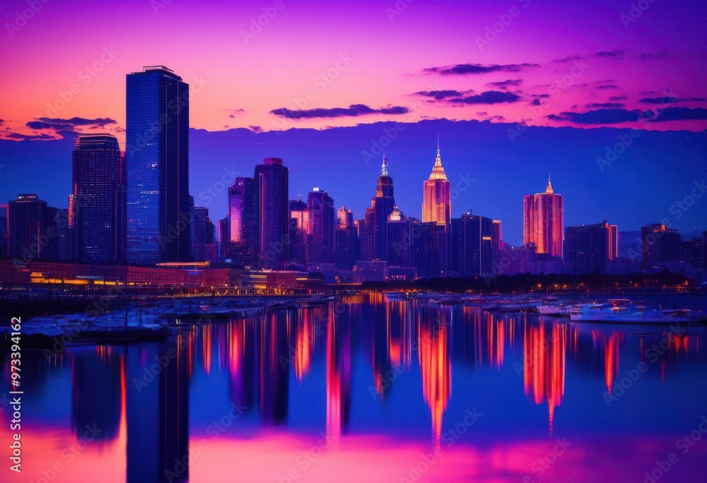 Obraz premium vibrant city skyline twilight showcasing bright colors illuminated buildings dusk sky, aesthetic, architecture, citylights, cityscape, cityview, colorful