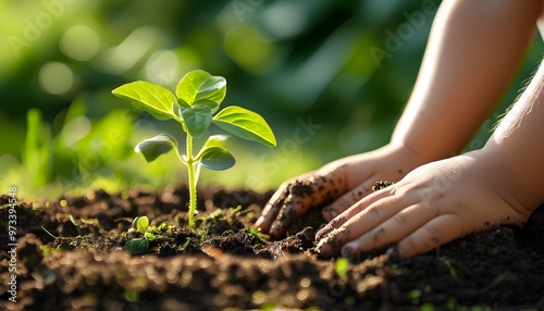 Nurturing Growth: Childs Hands Planting Seedling in Sunlit Garden Soil with Lush Green Leaves