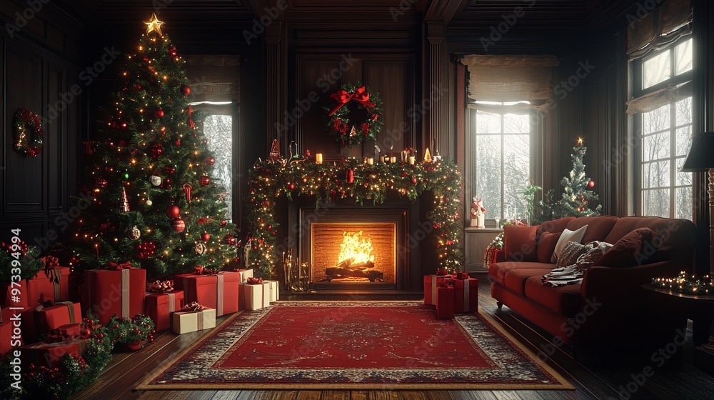 Classic Christmas living room with red and green decorations, a roaring fire, and a beautifully decorated tree. 4K hyperrealistic photo. Classic Christmas living room with red and green decorations, a roaring fire, and a beautifully decorated tree. 4K hyperrealistic photo.
