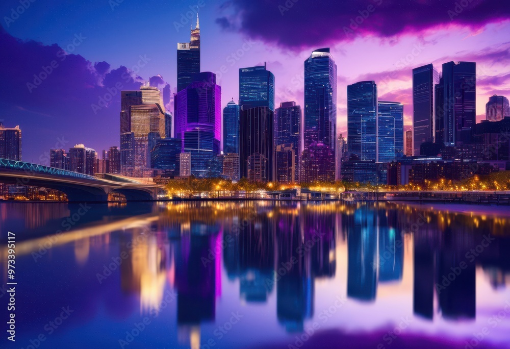 Fototapeta premium stunning city skyline twilight showcasing vibrant lights colorful reflections dusk sky, architecture, buildings, cityscape, downtown, evening, skyscrapers