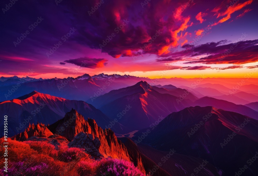 Fototapeta premium breathtaking mountain silhouettes framed vibrant sunset sky filled rich colors dramatic lighting, horizon, landscape, clouds, nature, outdoors, evening