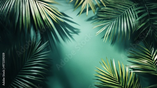 Exotic palm leaves shadows on dark green paper background, lush silhouettes texture, abstract defocused backdrop for product placement