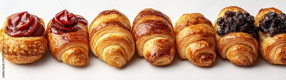 Gourmet Pastries Display, an enticing array of filled pastries arranged for tasting, showcasing vibrant colors and textures against a crisp white backdrop.