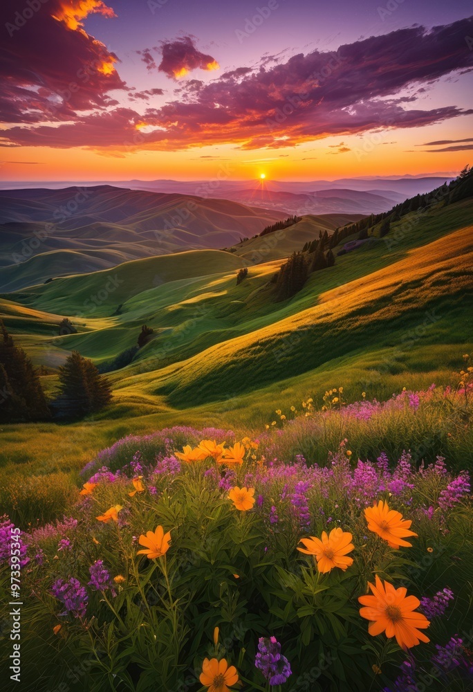 Fototapeta premium vibrant sunset over expansive green vistas showcasing rich colors lush landscapes during golden hour, autumn, colorful, sky, horizon, nature, scenery