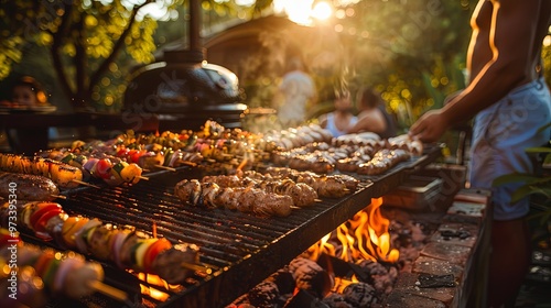 An outdoor barbecue scene featuring a variety of meats and vegetables grilling over open flames, with people in the background enjoying the sunny weather and good food. photo