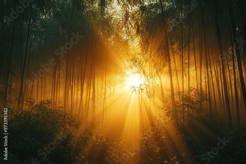 Sunlight streaming through a dense bamboo grove