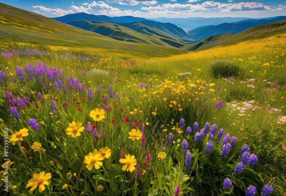 Obraz premium vibrant wildflowers covering serene hillside landscape under clear blue sky, nature, flora, colorful, meadow, field, grass, green, blossom, summer, view