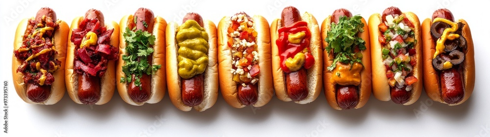 Gourmet Hot Dogs Showcase, full-body portrait featuring an array of gourmet hot dogs topped with diverse ingredients, presented against a clean white background for clarity. Gourmet Hot Dogs Showcase, full-body portrait featuring an array of gourmet hot dogs topped with diverse ingredients, presented against a clean white background for clarity.