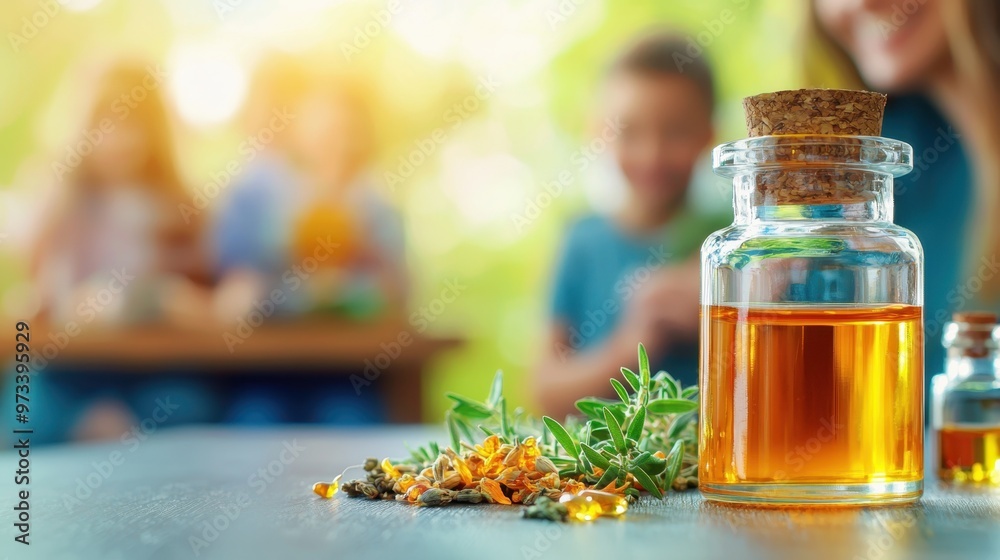 Multigenerational Family Making Homeopathic Remedy with Herbs and Essential Oils. Copy Space for Text. Ultra HD Resolution. Multigenerational Family Making Homeopathic Remedy with Herbs and Essential Oils. Copy Space for Text. Ultra HD Resolution.