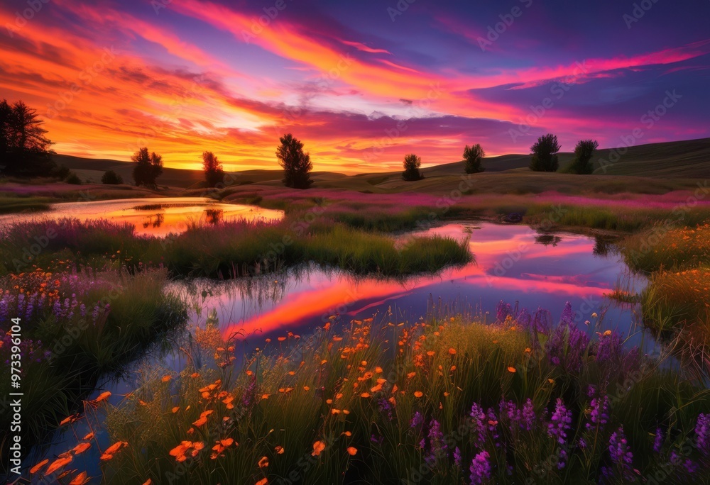 Obraz premium breathtaking sunset over tranquil countryside vibrant colors serene landscapes capturing beauty, sky, clouds, nature, scenery, view, horizon, fields, trees