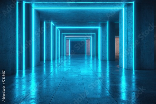 Neon Cyber Hall. Futuristic Space with Blue Neon Lights in Empty Concrete Room