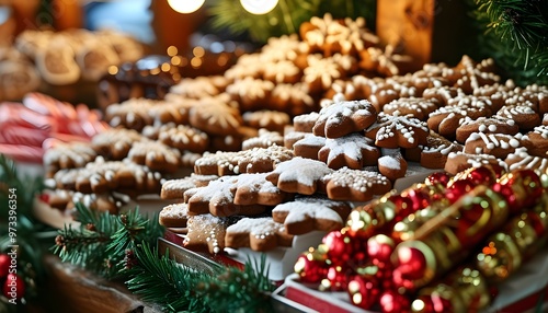 Joyful display of Christmas gingerbread cookies and candy canes at a vibrant holiday market stall