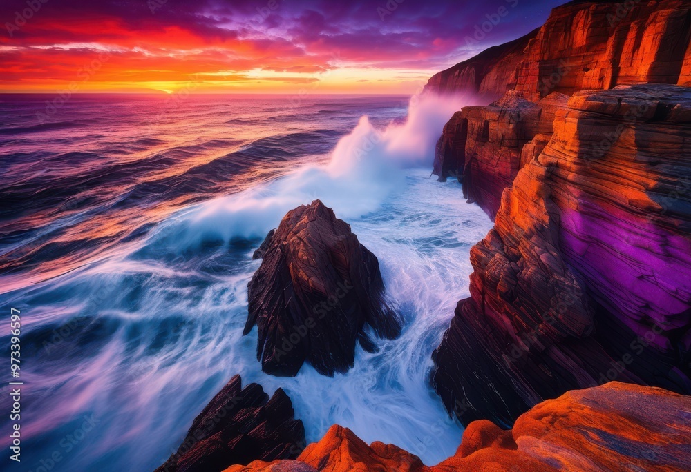 Fototapeta premium stunning vibrant coastal cliffs dramatic crashing waves dusk captured majestic natural beauty, sunset, ocean, water, horizon, sky, rocks, landscape, scenery