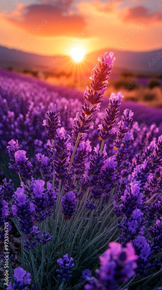 Obraz premium Serene Scene of Endless Lavender Fields Stretching Under Warm Sunset Sky