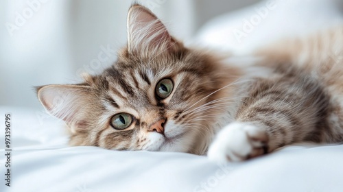 A Charming Cat Gently Relaxing on Soft, Comfortable Bedding in a Serene Environment