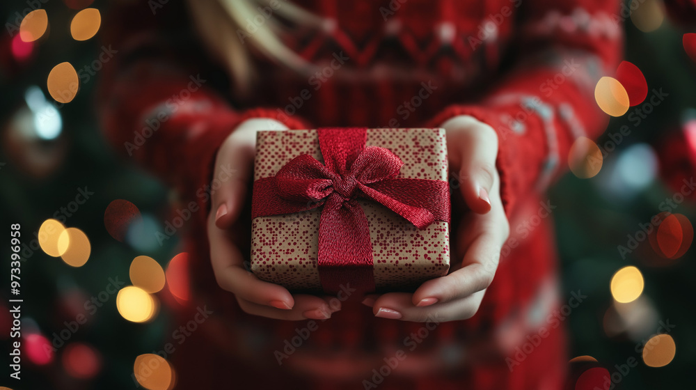 young woman holding christmas gift box young woman holding christmas gift box