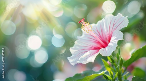 Soft focus close up of pink and white Hibiscus flower with blurred background